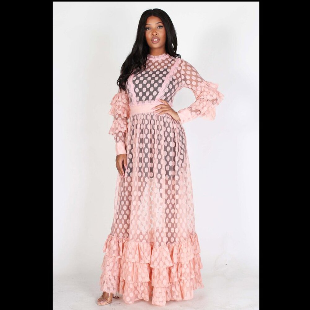 Pink Sheer Polka Dot Maxi Dress